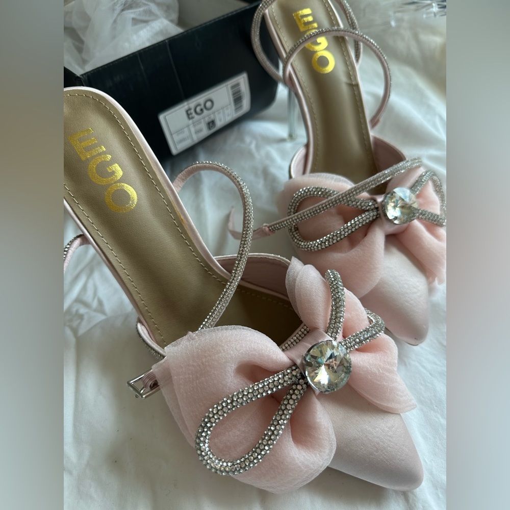 Pink, Bow, Sparkle detailed, lace up heels